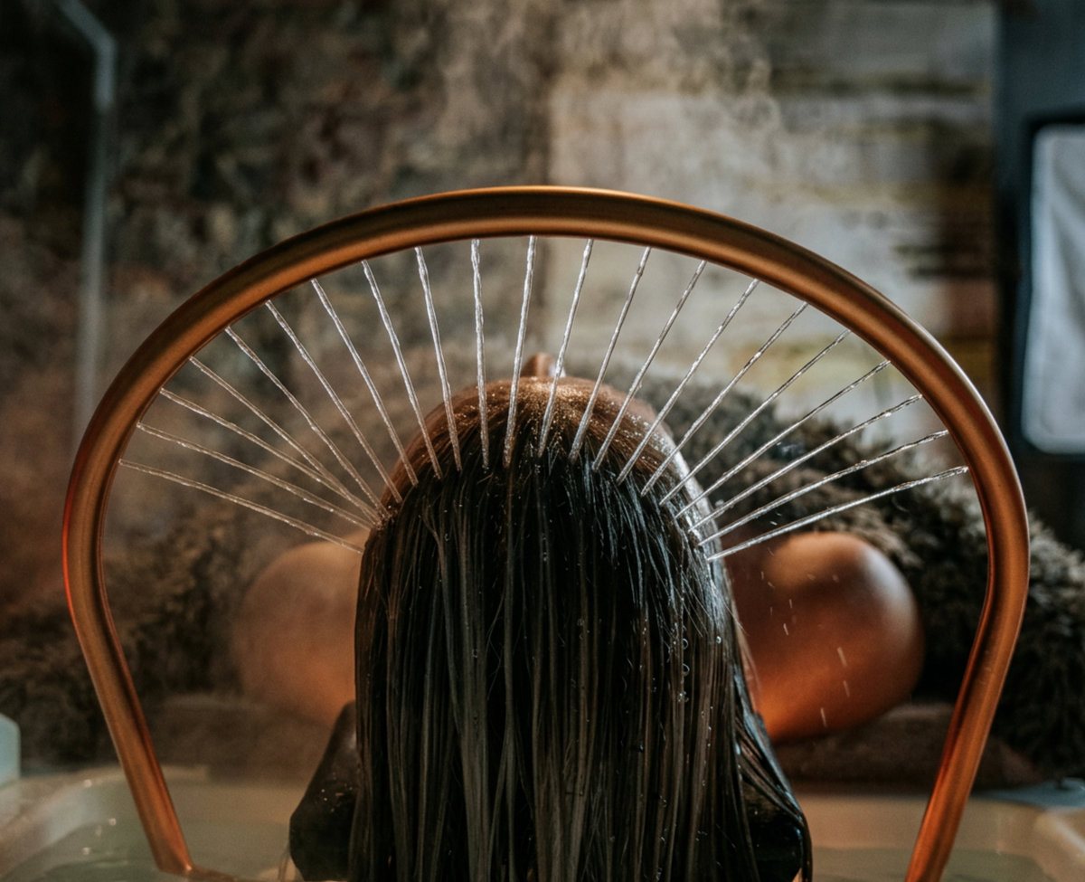 A person with long dark hair sits with their head tilted back under a copper-colored overhead shower fixture in a spa-like setting, with water spraying downward.